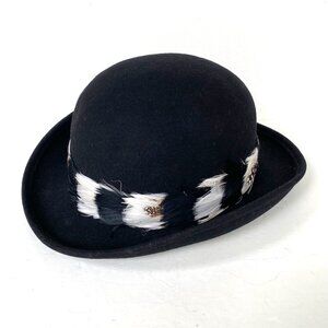 Vtg Geo W Bollman Doeskin Wool Felt Bowler Derby Hat Black Feather Accents USA